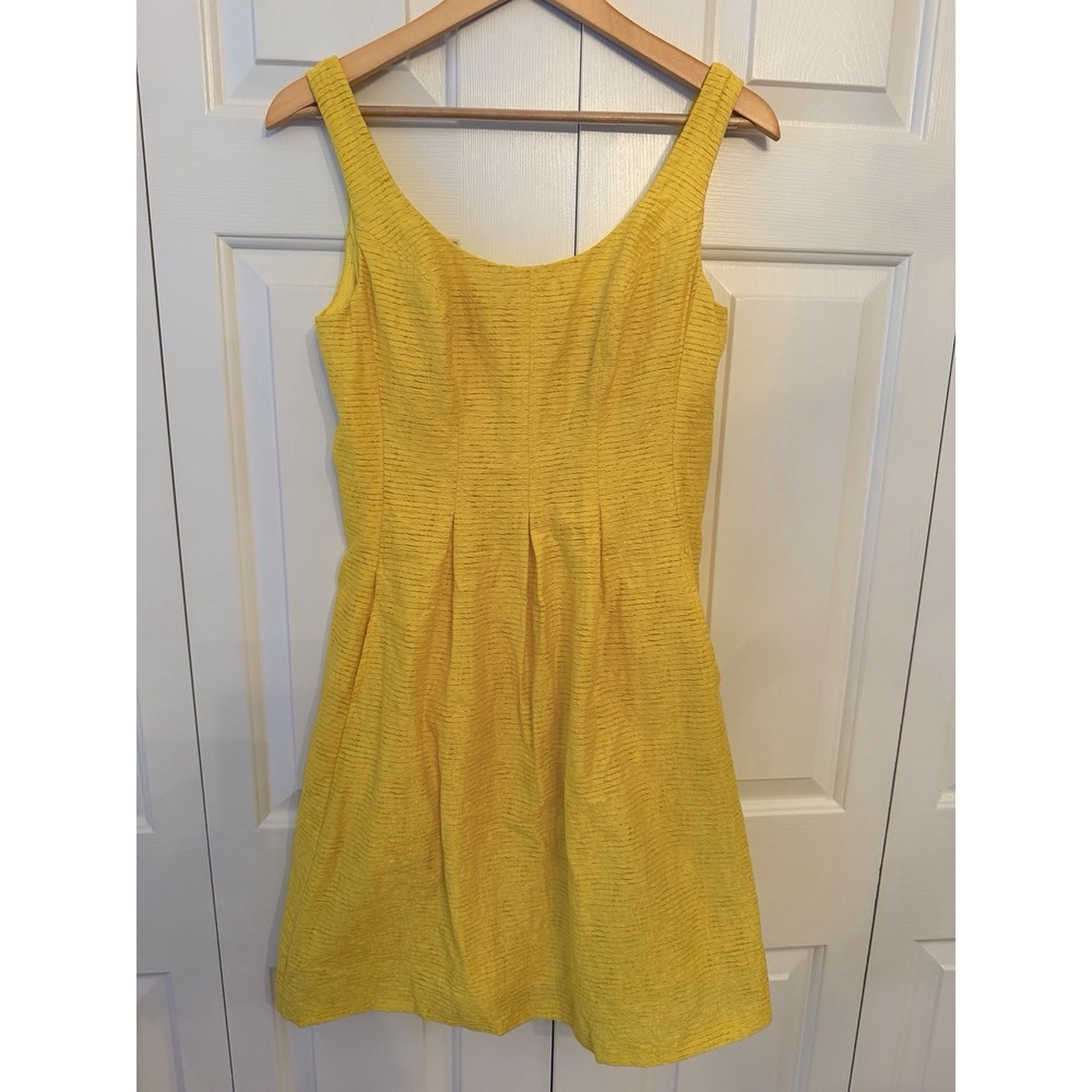 Nine West Yellow White Striped Fit & Flare Dress Pockets Zip Scoop Neck 6‎